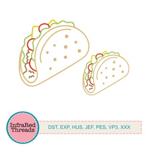 Può includere: Due disegni ricamati di tacos, uno più grande dell'altro, di colore marrone chiaro con ripieni gialli, rossi e verdi.