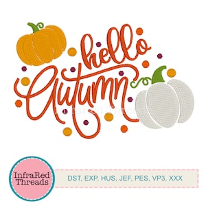 Hello Autumn Embroidery Design – Fall Script with Pumpkins and Confetti