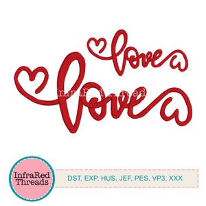 Love with Hearts Embroidery Design – Script Word Art in 2 Sizes