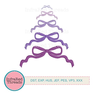 May include: Five purple bows of varying sizes arranged in a pyramid shape. The bows are a gradient of purple shades, with the smallest bow at the top being the lightest shade and the largest bow at the bottom being the darkest shade. The text "InfraRed Threads" appears above the bows and below the bows. The text "DST, EXP, HUS, JEF, PES, VP3, XXX" appears below the bows.