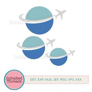 Airplane Flying Around the World Embroidery Design – Travel Motif with Globe and Trail