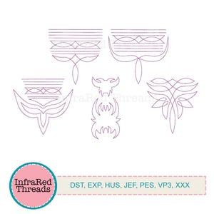 Könnte beinhalten: Fünf Stickmuster in Lila, mit geometrischen Mustern und Formen. Die Designs sind mit "DST, EXP, HUS, JEF, PES, VP3, XXX" gekennzeichnet.