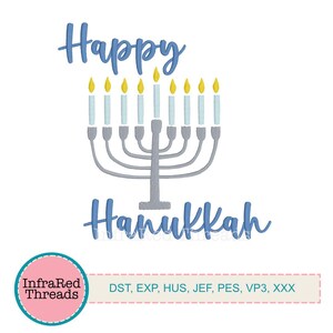 May include: An embroidery design featuring a blue menorah with nine yellow candles and the text "Happy Hanukkah". The design is available in several embroidery file formats, including DST, EXP, HUS, JEF, PES, VP3, and XXX.