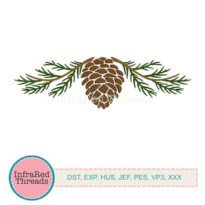 May include: A detailed brown pine cone design, with green pine branches on either side, set against a white backdrop. The image includes the text "InfraRed Threads" and a list of file formats.