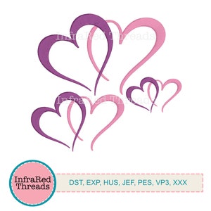 May include: An embroidery design featuring five pink and purple hearts. The design is available in the following formats: DST, EXP, HUS, JEF, PES, VP3, XXX.