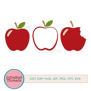May include: Three red apple embroidery designs. The first apple is whole, the second is an outline of an apple, and the third is a red apple with a bite taken out of it. The designs are for embroidery machines and include the file formats DST, EXP, HUS, JEF, PES, VP3, and XXX.