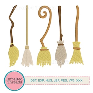 Witches Broom Embroidery Design Set – 5 Halloween Brooms in Tall Narrow Sizes