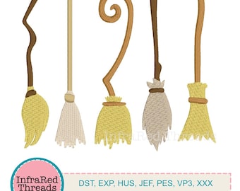 Witches Broom Embroidery Design Set   5 Halloween Brooms in Tall Narrow Sizes