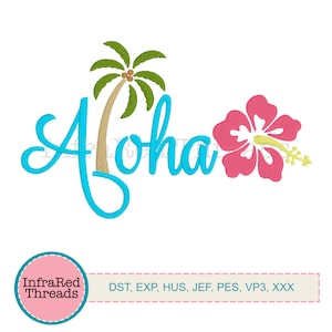 Aloha Palm Tree Embroidery Design – Tropical Script with Hibiscus Flower