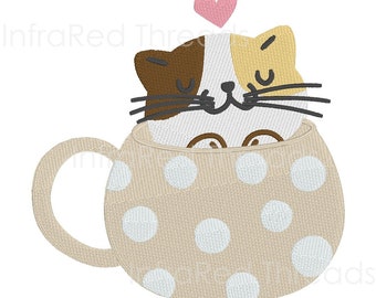 Cat in a Coffee/Tea Cup - Style A - Digital Embroidery Design