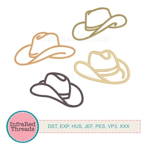 May include: Four outline embroidery designs of cowboy hats in different colours. The designs are for embroidery machines and include the file formats DST, EXP, HUS, JEF, PES, VP3, and XXX.
