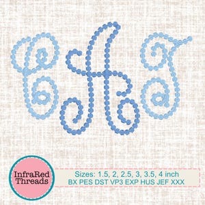 May include: Blue embroidered monogram letters CAT in a decorative script font. The letters are made of small, round stitches. Sizes: 1.5, 2, 2.5, 3, 3.5, 4 inch. BX PES DST VP3 EXP HUS JEF XXX