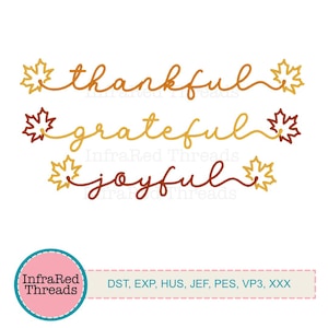Thankful Grateful Joyful Embroidery Designs – Fall Script Words with Leaves