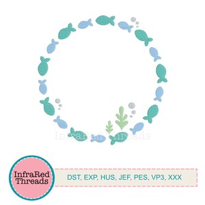 May include: A blue and green fish embroidery design with a circular frame. The design is perfect for creating a unique and whimsical embroidery project.