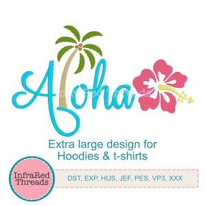Aloha Embroidery Design – Extra Large Tropical Text with Palm Tree and Hibiscus for Hoodies & T-Shirts