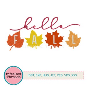 Hello Fall Embroidery Design – Script and Leaves with F-A-L-L Lettering