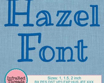 Hazel-lettertype voor serif-borduurwerk – klassieke satijnsteek in 3 maten