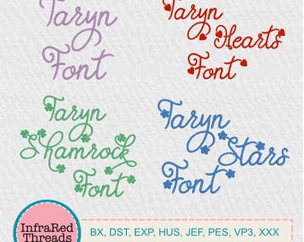 Taryn Embroidery Font Bundle – 4 Styles: Basic, Shamrocks, Hearts, Stars – 5 Sizes Included