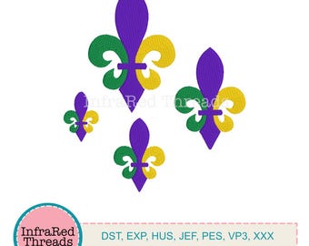 Conjunto de diseño de bordado Fleur de Lys – Estilo Mardi Gras en 4 tamaños