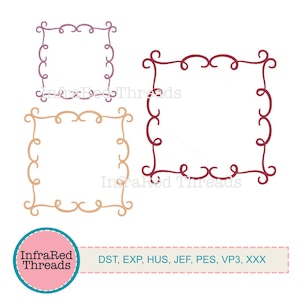 Può includere: Tre disegni di ricamo digitale di cornici quadrate ornate. Le cornici sono in tonalità di viola, rosso e arancione.
