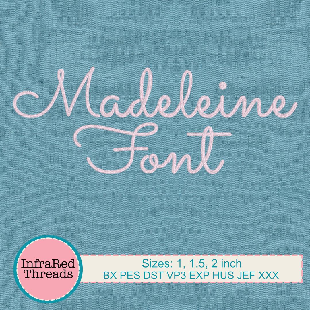 Madeleine Script Embroidery Font – Elegant Satin Letters in 3 Sizes