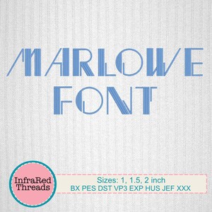 Puede incluir: Diseño de bordado de fuente Marlowe en azul, disponible en tamaños de 1, 1,5 y 2 pulgadas.  Los formatos de archivo incluyen BX, PES, DST, VP3, EXP, HUS, JEF y XXX.