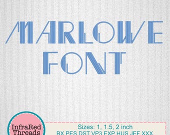 Marlowe-borduurlettertype – art-decostijl satijnsteeklettertype in 3 maten borduurlettertype: 1, 1,5 en 2 inch