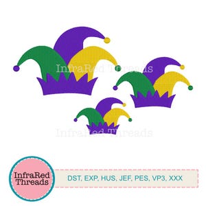 Peut inclure: Plusieurs chapeaux de bouffon brodés en vert, jaune et violet, avec une base festonnée. L'image comprend le texte "InfraRed Threads" et des abréviations de types de fichiers.