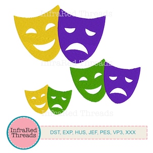 May include: Embroidered designs of theater masks in yellow, green, and purple. The masks depict happy and sad faces. The image includes the text "InfraRed Threads" and file type abbreviations.