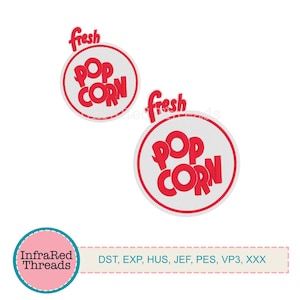 Puede incluir: Dos diseños de bordado rojo y blanco para un logotipo de palomitas de maíz. Los diseños dicen "fresh pop corn" en un círculo.