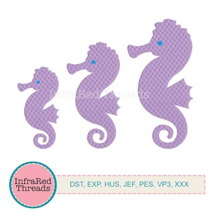 Seahorse Embroidery Design – Set of 3 Textured Marine Creatures in Purple
