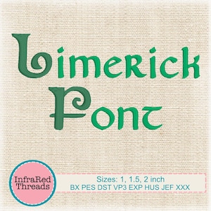Limerick Embroidery Font – Celtic-Inspired Satin Stitch Alphabet in 3 Sizes