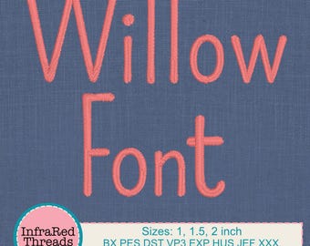 Willow Embroidery Font – Tall Narrow Satin Stitch Alphabet in 3 Sizes