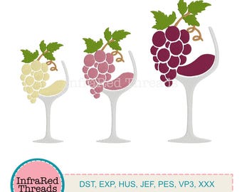 Wine Glass with Grapes Embroidery Design – 3 Sizes, Red White Rosé Styles