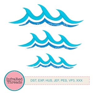 Wave Embroidery Design – Set of 3 Layered Ocean Waves in Aqua and Blue