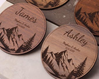 Custom Place Card Coasters for Guests, Mountains Theme Rustic Table Decor for Wedding, Custom Natural Wedding Favors, Place Setting