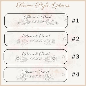 May include: Four rectangular tags with rounded corners, each featuring floral designs and the names "Arienne & Daniel" with the date "10.10.2029". The tags are labeled #1 through #4, with a floral design variation on each.