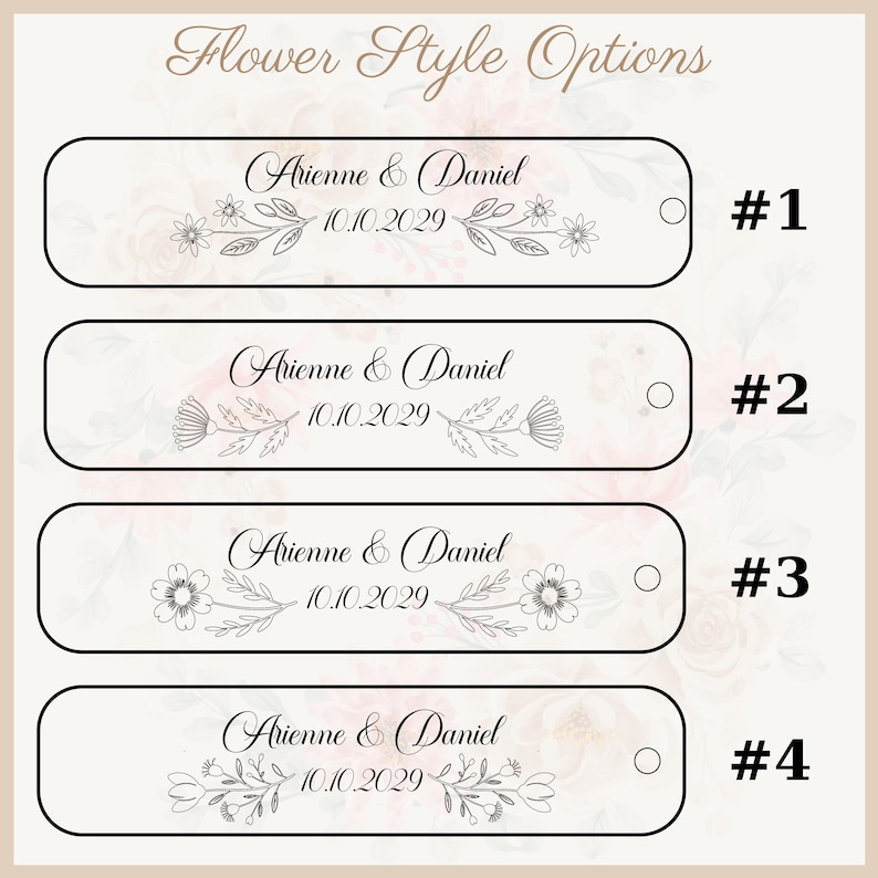 May include: Four rectangular tags with rounded corners, each featuring floral designs and the names "Arienne & Daniel" with the date "10.10.2029". The tags are labeled #1 through #4, with a floral design variation on each.