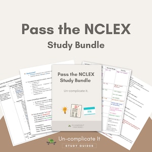 May include: A study guide bundle for the NCLEX exam. The cover features a light blue background with a white lightbulb and a white stethoscope. The text "Pass the NCLEX Study Bundle" is in black text. The text "Un-complicate it." is in black text. The text "RN" is in white text. The text "Un-complicate it. Study Guides" is in black text.