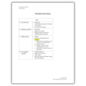 Peut inclure: Un tableau pr&eacute;sentant les diff&eacute;rents niveaux de priorit&eacute; pour les valeurs de laboratoire. Le tableau comprend quatre niveaux&nbsp;: faible priorit&eacute;, priorit&eacute; moyenne, priorit&eacute; &eacute;lev&eacute;e et priorit&eacute; la plus &eacute;lev&eacute;e. Chaque niveau comprend une description de sa signification et des exemples de valeurs de laboratoire qui entrent dans cette cat&eacute;gorie.