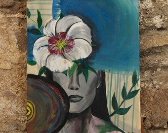 Original acrylic painted, Christmas wall decoration for gift, Abstract art woman face and flowers , 40/60 cm canvas, unique women artwork