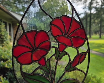 Red petunia stained glass panel/suncatcher/window decoration/ceiling or wall decoration