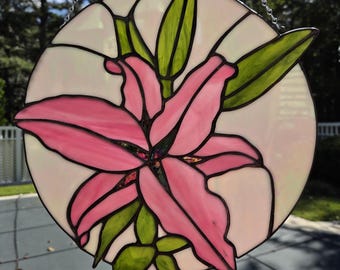 Handmade Stained Glass Stargazer Lily Window Hanging