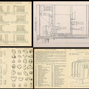May include: A vintage illustration of a heating system with detailed diagrams of pipes, fittings, and radiators. The illustration includes text labels for different components, such as "Data on Boilers" and "Mechanic Ready Reference".