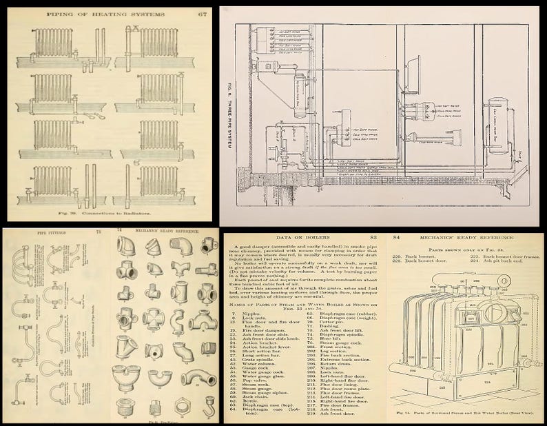 May include: A vintage illustration of a heating system with detailed diagrams of pipes, fittings, and radiators. The illustration includes text labels for different components, such as "Data on Boilers" and "Mechanic Ready Reference".