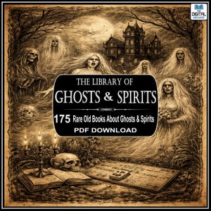 Op de afbeelding: Een illustratie in antieke stijl met een griezelig thema. De afbeelding toont spookachtige figuren, een spookhuis, schedels en kaarsen. Tekst op de afbeelding luidt "THE LIBRARY OF GHOSTS & SPIRITS" en "175 Rare Old Books About Ghosts & Spirits PDF DOWNLOAD."
