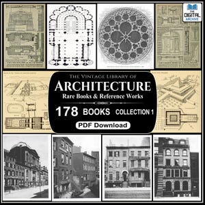 Può includere: Una raccolta di disegni e fotografie architettoniche, tra cui planimetrie di edifici e strutture storiche. L'immagine presenta il testo "THE VINTAGE LIBRARY OF ARCHITECTURE" e "178 BOOKS COLLECTION 1 PDF Download."