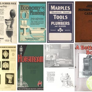 May include: A collage of vintage advertisements for plumbing and heating products. The ads feature illustrations of toilets, bathtubs, boilers, and tools. The text includes product names, company names, and slogans.  The ads are from the early 20th century.