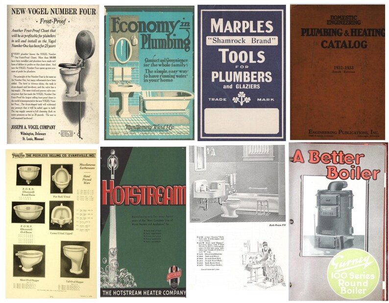 May include: A collage of vintage advertisements for plumbing and heating products. The ads feature illustrations of toilets, bathtubs, boilers, and tools. The text includes product names, company names, and slogans.  The ads are from the early 20th century.