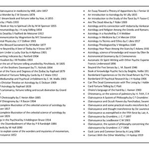 Puede incluir: Una lista en blanco y negro de libros sobre clarividencia, astrolog&iacute;a y espiritismo. La lista incluye el t&iacute;tulo del libro, el autor y el a&ntilde;o de publicaci&oacute;n.